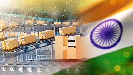 Cardboard boxes moving on automated conveyor with Indian flag overlay, export logistics, supply chain, e-commerce, manufacturing in India.