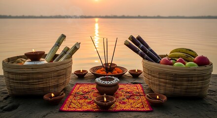 Chhath puja Fruits in soop (Bambbo basket). Happy Chath puja. 