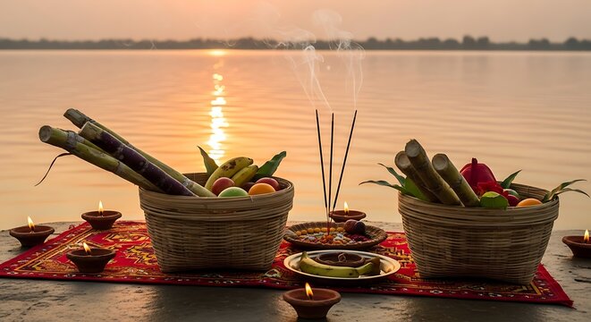 Chhath puja Fruits in soop (Bambbo basket). Happy Chath puja. 