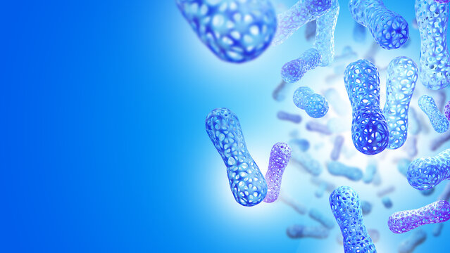 3D illustration of abstract bacteria or microbiome cells, scientific background, biotechnology, microbiology, medical research.