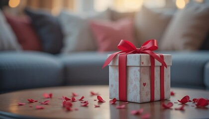 Romantic Gift Box with Red Ribbon and Rose Petals on a Coffee Table