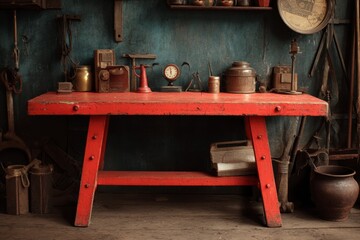 Red Workbench with Vintage Items