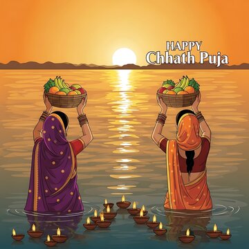 Devotee women giving Arag to the Sun. Happy Chhath Puja, 