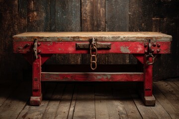 Antique Red Wood Bench on Wooden Floor