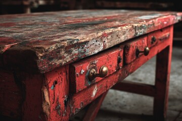 Red Wooden Table with Drawers - Antique Style