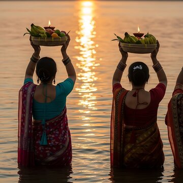 Devotee women giving Arag to the Sun. Happy Chhath Puja, 
