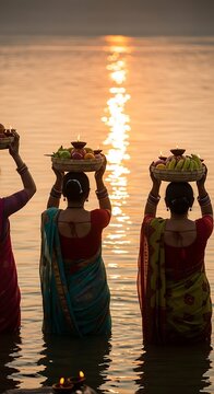 Devotee women giving Arag to the Sun. Happy Chhath Puja, 