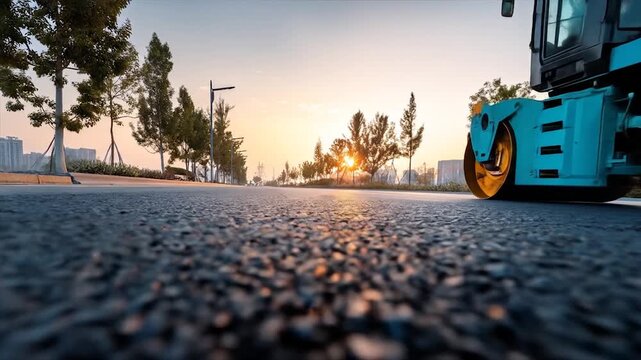 Road roller sunset asphalt paving.
