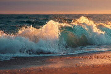 Ocean Wave Crashing on Sandy Beach at Sunset