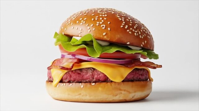 A delicious, fully assembled burger with fresh ingredients, isolated on white.