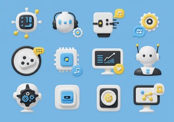 Set of 3d rendered ai, robotics, and digital technology icons