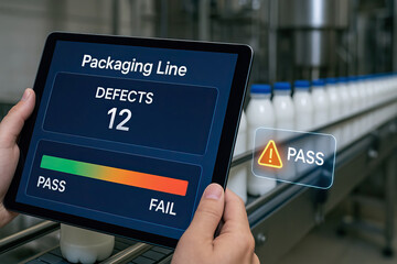 Packaging line quality control with digital tablet showing defect count and pass/fail status, monitoring production of bottled products in factory environment