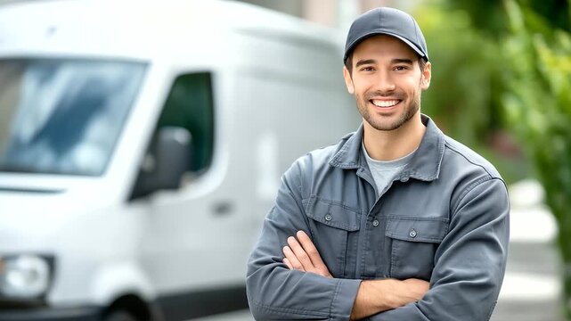 Friendly delivery driver stands by van in gentle daylight
