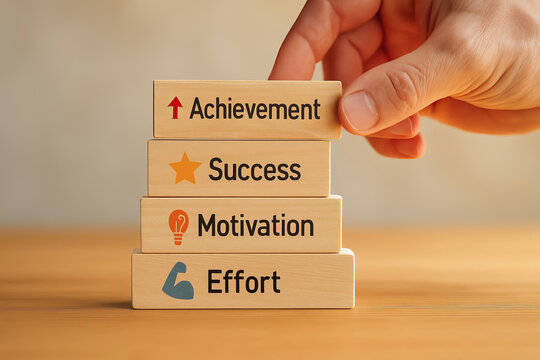Achievement, success, motivation, effort wooden block, concept business growth, development progress strategy goal inspiration Idea positive teamwork leadership planning career education skill