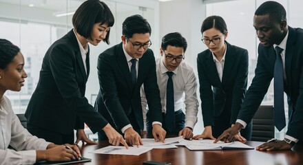 Diverse Business Team Analyzing Documents in Modern Office