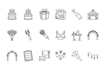 Set outline party celebration event planning icons vector