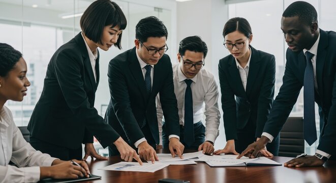 Diverse Business Team Analyzing Documents in Modern Office
