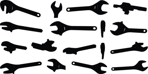 Set of Black Silhouettes of Various Wrenches and Spanners: Hand Tools for Mechanics, Construction, DIY Projects, and Industrial Applications.