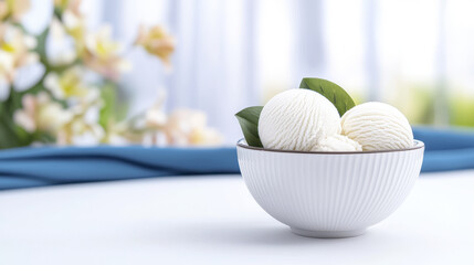 bowl of white ice cream scoops garnished with fresh leaves, set against soft floral background, evokes sense of freshness and indulgence