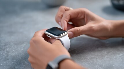Close-up of hands adjusting smartwatch on clean surface