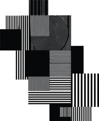 Abstract Geometric Composition in Black and White: Modern Art with Stripes, Blocks, and Circles for Contemporary Design and Backgrounds.