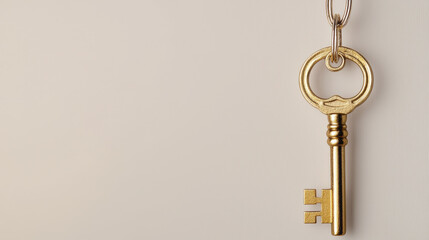 golden key hanging on keyring, symbolizing access and opportunity, stands out against neutral background