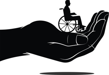 Inclusive care concept, disability support illustration, person in wheelchair, helping hand, compassionate aid, symbolic vector, healthcare assistance, human empathy