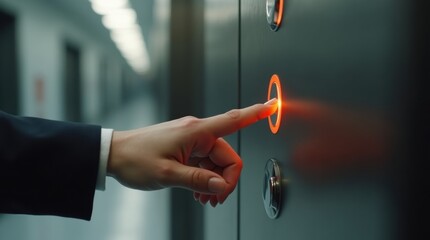 Woman's hand pressing an elevator button in a modern office lobby, close-up.

