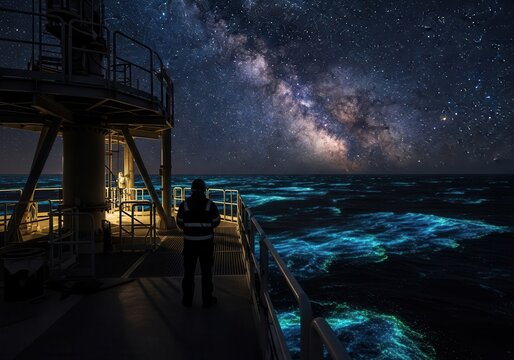 Worker observes bioluminescent waves on tidal turbine deck under starry sky