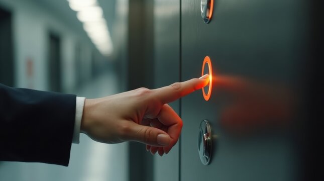 Woman's hand pressing an elevator button in a modern office lobby, close-up.

