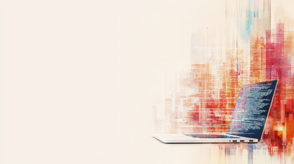 modern laptop displaying coding on screen, surrounded by vibrant abstract digital elements, evokes sense of innovation and creativity
