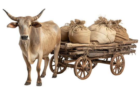 Ox pulling a cart full of burlap sacks.