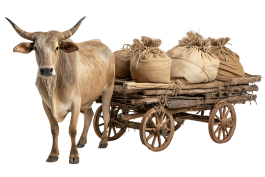Ox pulling a cart full of burlap sacks.