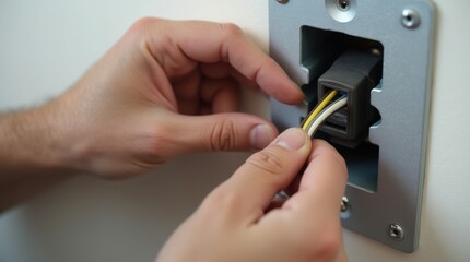 Electrician's hands wiring a wall socket, close-up of terminals and wires.

