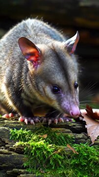 Close-Up of Opossum on Mossy Log in Forest, Detailed Fur and Features