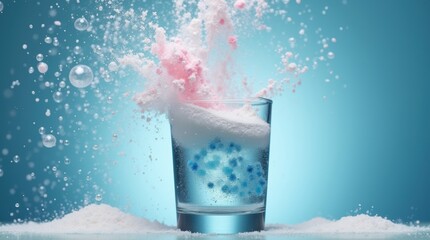 Macro shot of washing powder dissolving in water, creating an eruption of bubbles.

