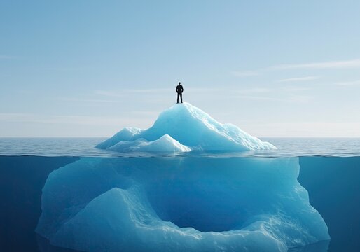 Businessman standing on a large iceberg with its hidden mass underwater