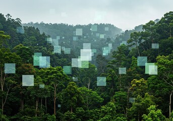 Digital elements floating over a lush green forest in a hazy setting.