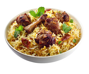 Delicious chicken biryani served in a white bowl, a flavorful Indian dish on transparent background