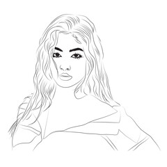 A striking black and white line drawing portrays a young woman with long, wavy hair and captivating, well-defined eyes, gazing directly forward with a modern, stylish elegance.

