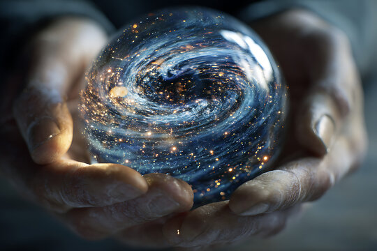 Hands holding a glowing sphere showing a spiral galaxy, destiny and universe concept