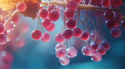 Close-up of a cluster of vibrant pink berries covered in water droplets.