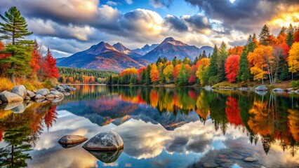 The stunning autumn landscape features mountains and a serene lake reflecting the colorful forest under a beautiful sky