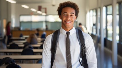 Fototapeta premium young college student in a neatly pressed uniform, standing confidently in front of a modern classroom