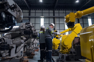 Engineer standing by robotic arm and operating machine in industry factory, technician worker check...