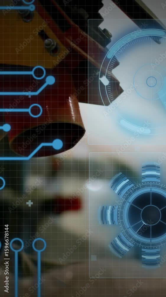 Poster animation of circuit board and data processing over tool in workshop