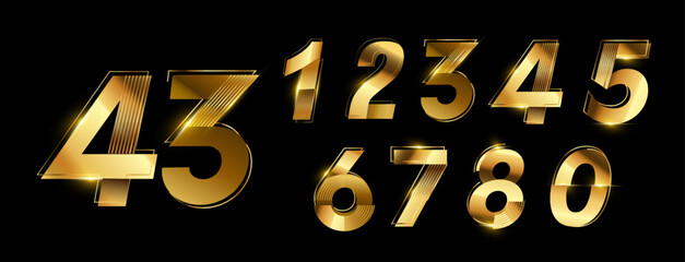 Golden Number 3D Style Font. One to Nine Isolated Letters. Birthday golden numbers Vector design elements. Golden Shiny numbers set. Vector 3d illustration. Realistic shiny characters. 