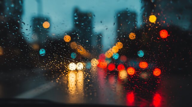 Close-up of water droplets on car windshield with blurred city lights