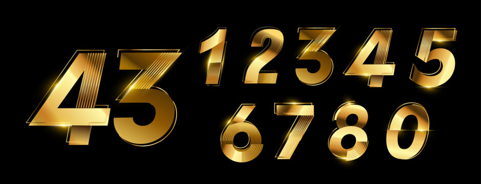 Golden Number 3D Style Font. One to Nine Isolated Letters. Birthday golden numbers Vector design elements. Golden Shiny numbers set. Vector 3d illustration. Realistic shiny characters. 