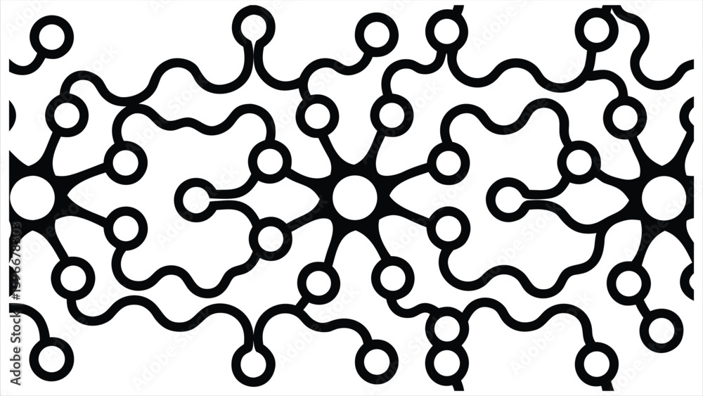 Poster intricate black and white abstract pattern of interconnected circles and wavy lines creating a compl
